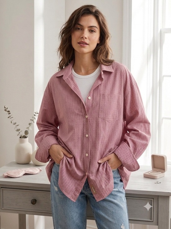 SKIMS Tops - SKIMS NWT Berry Check Cotton Poplin Button Down Sleep Shirt XL